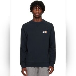 MAISON KITSUNE Faded Black Crewneck Sweater with Fox Patches Size Small